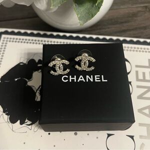 Chanel Classic Silver Crystal CC Earrings